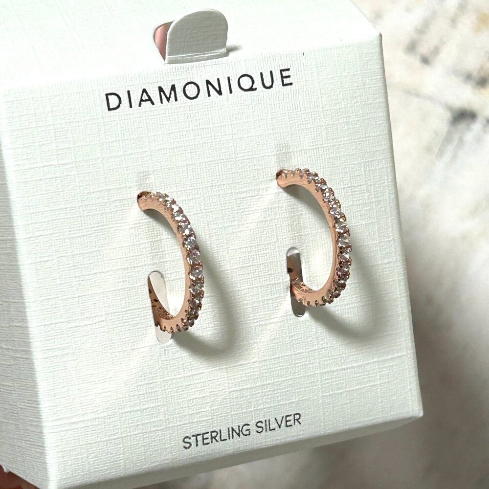 Diamonique New in Box Sterling Silver Rose Pink Gold Hoop CZ Earrings QVC